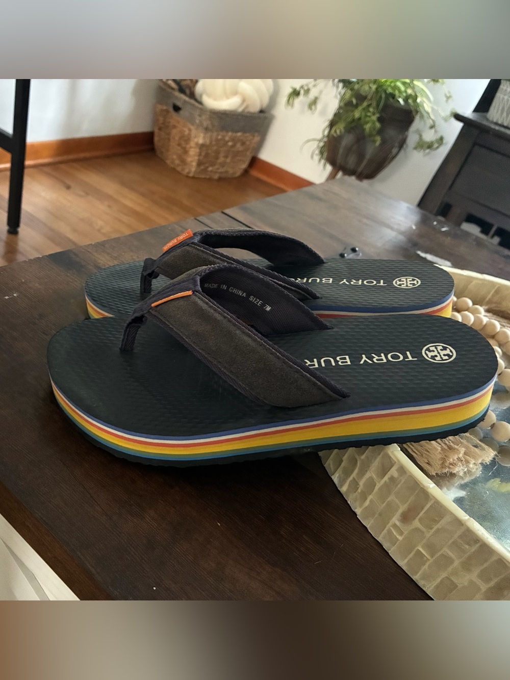 Tory Burch Navy Flip-Flop Sandals with Rainbow Stripe Midsole
